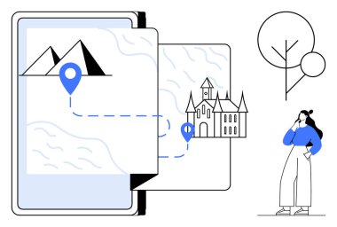 Dijital aygıt, dağdan kaleye giden yolu gösteren bir harita gösteriyor. Düşünen kişi, soyut ağaç ve balonlar. Seyahat planlama, macera, teknoloji, keşif, navigasyon ve turizm için ideal