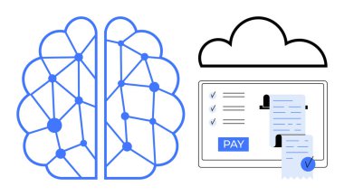 Yapay zekayı temsil eden sinirsel ağ beyni, bulut hesaplama için bulut simgesi ve işlem makbuzu çizimi ile dijital ödeme arayüzü. Teknoloji, finans, yapay zeka, bulut hesaplaması için ideal