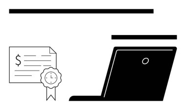 Dizüstü bilgisayarın yanına kurdele ve dolar sembolü sertifikası. E-öğrenim, başarılar, sertifikalar, çevrimiçi eğitim, dijital başarı, profesyonel gelişme, üretkenlik için ideal. Basit.