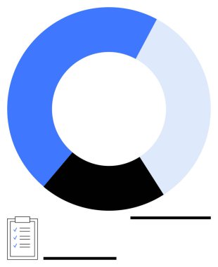 Mavi, siyah ve açık mavi turta tablosu. Pano kontrol listesinin yanında üç bölüm var. Analiz için ideal, raporlama, veri içgörüleri, ilerleme izleme, planlama, metrik düz çizgi