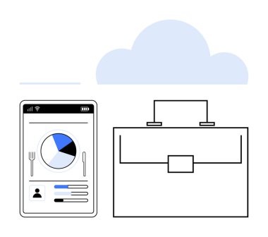 Analitik gösterge paneli, iş çantası ve bulut simgesi olan akıllı telefon. Teknoloji stratejileri, bulut çözümleri, uzaktan çalışma, dijital araçlar, işyeri verimliliği, veri analizi ve modern