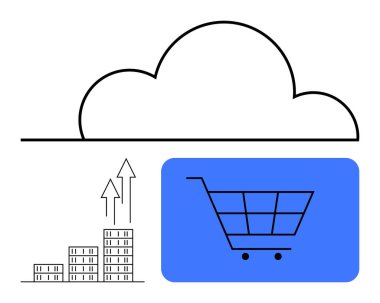 Bulut yukarıda, mavi dikdörtgenli alışveriş arabası, yukarı doğru okları olan binalar. Bulut teknolojisi, e-ticaret, iş büyümesi, dijital pazarlama, ekonomi ve yenilik için ideal soyut çizgi