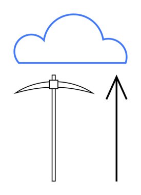 Toplama ve yukarı doğru ok üzerinde bulut anahatları, bulut hesaplama ve veri madenciliğini sembolize ediyor. Teknoloji, veri depolama, bulut hesaplama, madencilik, dijital dönüşüm, sanal depolama ve bilişim için ideal