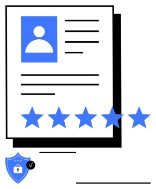 Kullanıcı resimli profil sayfası, metin satırları, beş mavi yıldız ve güvenlik kartı. İşe alım, geri bildirim, reytingler, referanslar, güven kalite güvencesi soyut çizgi düz metaforu için idealdir