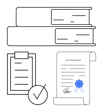 Yığınlanmış kitaplar, işaretli listeler, mavi mühür ile imzalanmış profesyonel hedefler. Eğitim, sertifika, belge, hukuki süreçler, uyum, akademisyenler için ideal