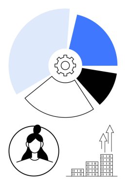Vitesli pasta grafiği, kullanıcı profili simgesi ve yükselen binalar veriye dayalı kararları, takım sezgilerini ve büyümeyi sembolize ediyor. Analiz, takım çalışması, iş başarısı ve strateji ilerlemesi için ideal