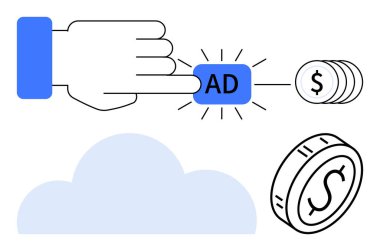 El, reklam düğmesi, para yığını, para birimi parası ve mavi bulut ile etkileşim halindedir. Dijital pazarlama, çevrimiçi reklamlar, kazançlar, tıklama başına ödeme, bulut ekonomisi reklamları için ideal ROI soyut hattı