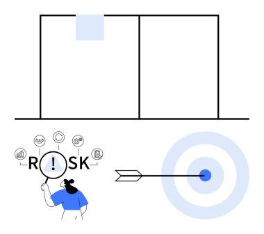 Büyüteç, simgelerle riskleri inceliyor, ok hedefi vuruyor, ve bir grafik. Analiz, strateji, iş planlaması, risk yönetimi, hedef belirleme, karar verme soyut çizgisi için ideal