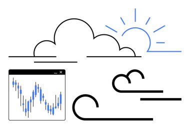 Bulut, güneş, rüzgar grafikleri ve borsa eğilimlerini gösteren bir veri tablosu. Hava tahminleri, mali analizler, çevre çalışmaları, mevsimsel eğilimler, ekonomik tahminler, veriler için ideal