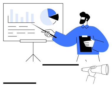 Ekranda grafikler ve pasta grafiği sunan, panoyu tutan ve sopayla işaret eden bir adam. Teleskop öngörüyü simgeler. Sunumlar, takım çalışması, strateji, analitik, büyüme liderliği için ideal