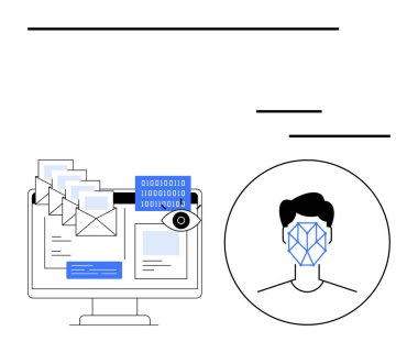 E- postaları, kodları ve biyometrik ızgarası olan insan yüzünün yanında bir göz sembolü olan dijital ekran. Siber güvenlik, veri gizliliği, yapay zeka, yüz tanıma, kimlik koruması, teknoloji güvenliği için ideal