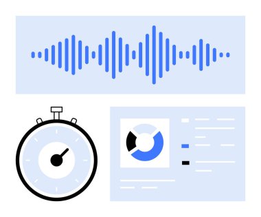 Ses dalgası kronometresi ve veri tablosu. Sunumlar, verimlilik, zaman yönetimi, veri analizi, teknoloji, araştırma ve ses mühendisliği için ideal. Satır metaforu