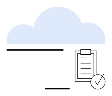 Üzerinde kontrol listesi ve işaret olan bir panonun üstündeki mavi bulut. Veri güvenliği, dijital organizasyon, bulut teknolojisi, üretkenlik, görev takibi, sistem entegrasyonu, soyut düz çizgi