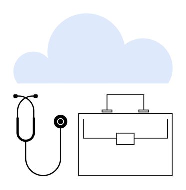 Steteskop üzerindeki açık mavi bulut ve tıbbi evrak çantası dijital sağlığı, bulut deposunu, sağlık hizmetlerine erişimi ve yeniliği simgeliyor. Teletıp, tıbbi teknoloji, uzaktan bakım için ideal.