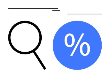 Yüzdelik sembollü mavi dairenin yanında büyüteç. Veri analizi, mali inceleme, istatistik sunumu, ekonomik raporlar, pazarlama stratejisi, iş büyümesi, akademik