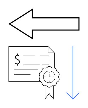 Sol taraftaki büyük ok, mühürlü mali belge ve dikey ok yönü, finansı ve zamanı temsil ediyor. İş stratejisi, zaman çizelgeleri, hedef belirleme, proje yönetimi için ideal