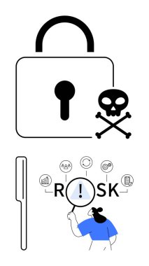 Padlock with skull and crossbones symbolizing threats. Person analyzing RISK with magnifying glass amidst icons. Ideal for cybersecurity, risk management, data protection, business strategy clipart