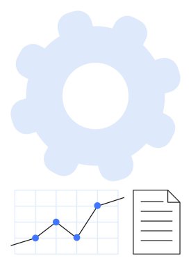 Veri noktaları olan dişli simgesi, çizgi grafiği ve belge taslağı analiz, optimizasyon ve organizasyon kavramlarını çağrıştırıyor. Üretkenlik, yenilik, takım çalışması, performans stratejisi sistemleri için ideal