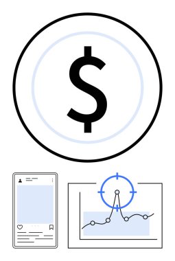 Sosyal medya arayüzü ve büyüme grafiğiyle eşleşen para birimi işareti. Dijital pazarlama, sosyal para, veri içgörüleri, mali strateji, iş büyümesi, ROI, soyut çizgi