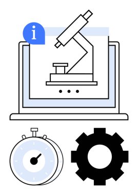Bir dizüstü bilgisayar ekranında, kronometrede ve teçhizatta gösterilen mikroskop bilim, analiz ve iş akışı optimizasyonunu vurguluyor. Eğitim, araştırma araçları, hassas zamanlama, yenilik teknolojisi için ideal