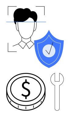 Biyometrik yüz taraması, işaretli kalkan, bozuk para, İngiliz anahtarı. Siber güvenlik, finans teknisyeni, ödeme sistemleri, güvenlik güncellemeleri, risk yönetimi bankacılık teknolojisi soyut hattı için ideal