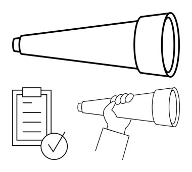 Teleskop elle tutulur, işaretli kontrol listesi, temiz çizgi sanatı. Vizyon, hedef belirleme, strateji, öncelikler, liderlik arama optimizasyonu odaklanma kavramsal temsili için ideal. Soyut