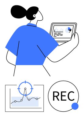 Elinde veri görselleştirmesi, grafikleri ve ilerleme grafikleri olan bir tablet tutan kadın. Hedef ayarlama için bir REC düğmesi ve bir grafik nokta içerir. Analiz, üretkenlik, kayıt, izleme için ideal