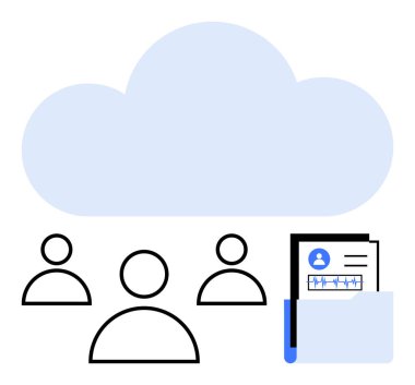 Belge ve analitik grafiği olan minimal kullanıcı simgeleri ve klasörlerinin üzerindeki büyük bulut. Bulut hesaplama, veri depolama, takım yönetimi, dijital güvenlik, analitik, işbirliği, soyut