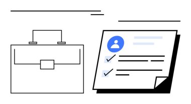 Çanta ve profil simgesi, kontrol işareti ve metin ile devam et. Kariyer büyümesi, iş arama, mesleki gelişim, HR süreçleri, işe alım, iş soyut metaforu için ideal