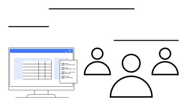 Bilgisayar ekranı görev listesini kullanıcı simgelerinin yanında görüntülüyor. Takım çalışması, proje planlaması, işbirliği, yönetim, uzaktan çalışma, organizasyon, soyut çizgi düz metaforu için ideal