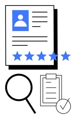 Beş mavi yıldızın yanında aday profili, büyüteç ve işaretli kontrol listesi. İşe alım, geri bildirim, reytingler, performans değerlendirmesi, HR, hedef takibi, soyut çizgi