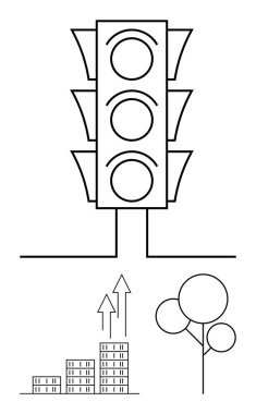 Yükselen oklar, istiflenmiş binalar ve büyümeyi, kentleşmeyi ve çevreyi sembolize eden ağaç üzerindeki trafik ışığı. Kentsel planlama, kalkınma, sürdürülebilirlik, iş büyümesi minimalizmi için ideal