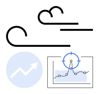Soyut rüzgar esinlenmiş çizgiler, çizgi grafik hedefi, yukarı doğru mavi daire şeklinde ok. Ticari büyüme, ekonomik analiz, piyasa eğilimleri, strateji, tahminler, finansal planlama için ideal