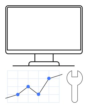 Masaüstü monitörü, veri noktaları olan çizgi grafiği ve veri takibini, teknik desteği ve optimizasyonu sembolize eden anahtar. Analiz, bilişim, sorun çözme, büyüme araçları için ideal soyut araştırmalar