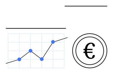 Mavi verilerle yükselen grafik analitiği ve parasal değeri belirten Euro sikkesini gösteriyor. Finans, ekonomi, yatırımlar, iş büyümesi, analitik, istatistik, soyut düz çizgi metaforu için ideal