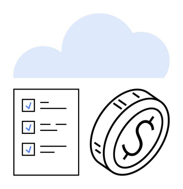 Dolar işaretli sikke, işaretli kontrol listesi ve bulut simgesi. Bütçe, mali planlama, dijital tasarruf, bulut hizmetleri, görev yönetimi, modern finans ve soyut çizgi için ideal