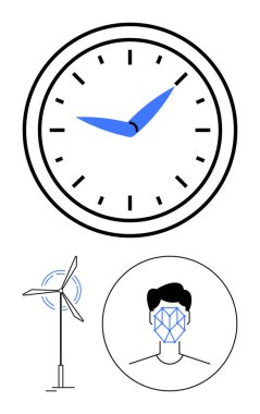 Analog saat, rüzgar türbini ve yüz tanıma teknolojisi ikonu vurgu zamanı, temiz enerji ve yapay zeka yeniliği. Sürdürülebilirlik, yapay zeka, zaman teknolojisi gelişim temaları için idealdir. Soyut satır düzlüğü