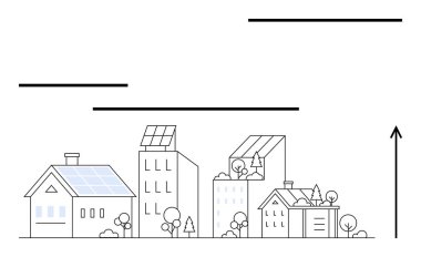 Güneş panelli evler çevre dostu binalar ağaçlar büyüyen ok. Sürdürülebilirlik, kentsel kalkınma, yeşil enerji, mimari, yenilik, modern yaşam ve ilerleme için ideal. Satır metaforu