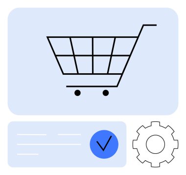 Alış veriş arabası hazır. Ayarlama donanımı ve işaretleme simgelerini içerir. E-ticaret, çevrimiçi alışveriş, perakende yönetimi, kullanıcı arayüzü, mobil uygulamalar, web sitesi tasarımı ve dijital pazarlama için ideal. Çizgi