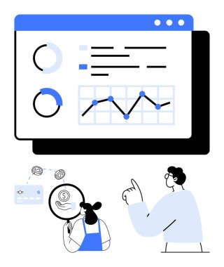 Profesyoneller dijital ekranda grafikleri, grafikleri ve verileri analiz ediyorlar. Finansal analiz, veri görselleştirme, iş raporlama, pazar eğilimleri, takım çalışması, karar verme mekanizması için ideal