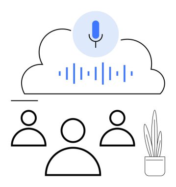 Bulutun üstündeki mikrofon, ses dalgaları, üç kişi ikonu, işbirliğini gösteren bitki, dijital iletişim, bulut teknolojisi. Takım çalışması için ideal, uzak çalışma, podcast yapay zeka yenilik bulutu
