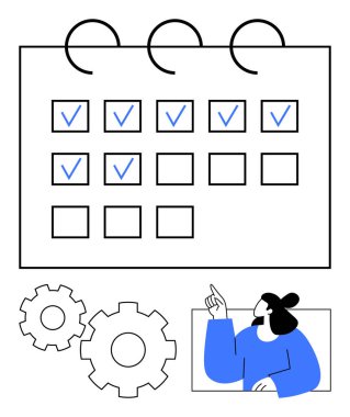 İş kadını takvime işaretli kutularla işaret ediyor. İlerleme ve verimliliği temsil eden vitesler. Üretkenlik, zaman yönetimi, planlama, organizasyon, iş akışı optimizasyonu için ideal