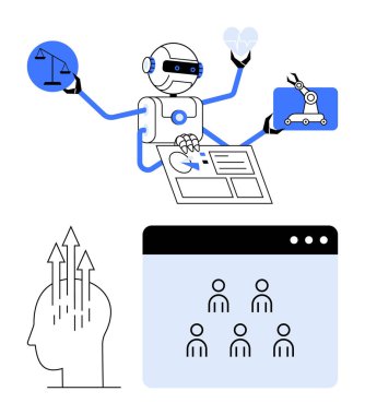 Robot adaleti, yenilik simgelerini ve analitiği web işbirliği ve insan gelişimi grafiğiyle idare ediyor. Yapay zeka, otomasyon, karar verme, robotik, takım çalışması, dijital dönüşüm için ideal