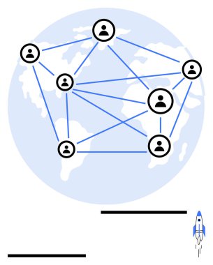 Bir dünya haritası üzerinde mavi çizgilerle birbirine bağlı kullanıcı simgeleri, küresel iletişim ve ağları sembolize ediyor. Roket yeniliği vurguluyor. Küresel ulaşım, takım çalışması, bağlantı için ideal