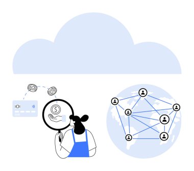 Finansal verileri büyüteçle analiz eden bir kişi, bir dünya üzerinde bağlı bir ağ, bulutların üzerinde. Finans, bulut hesaplama, küresel işletme, veri güvenliği, çevrimiçi işlemler, ağ için ideal