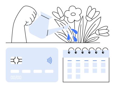 Çiçeklerin üzerine, büyümeyi ve beslenmeyi simgeleyen, bir kredi kartı ve takvimle eşleştirilmiş el yapımı su. Mali planlama, tasarruf, yatırım, bütçe, sürdürülebilirlik ve bakım için ideal