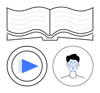 Dalgalı çizgileri olan açık bir kitap, mavi oynatma tuşu, tanımlama ızgarası olan çerçeveli bir yüz. Eğitim, dijital öğrenme, medya, yapay zeka arayüzü, kimlik doğrulama, soyut bilgi çizgisi için ideal