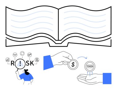 Açık kitap, büyüteç risk odaklı, el değiştirme jetonları ve para. Finans, eğitim, iş stratejisi, yatırım, risk yönetimi, kripto para birimi soyut çizgisi için ideal