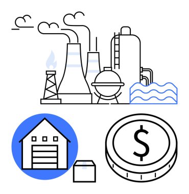 Fabrika bacaları, su, depo, kutu ve dolar para üretimi, lojistik, ticaret ve finansal büyümeyi yansıtır. Endüstri için ideal ekonomi ticaret tedarik zinciri yatırımları