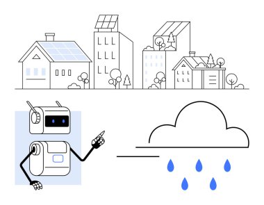 Ekran başı ve işaret eden eli olan robot. Güneş panelleri ve ağaçları olan binalar. Yağmur damlalı bulut. Akıllı şehirler için ideal, yapay zeka teknolojisi, hava tahmini, yenilenebilir enerji, kentsel